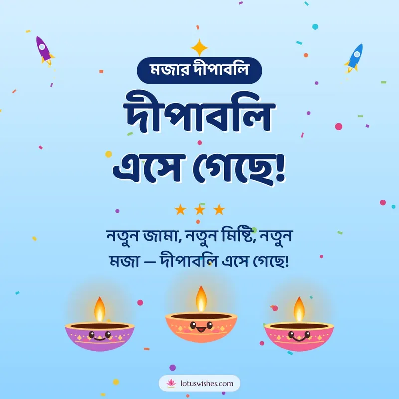 দীপাবলি এসে গেছে! – Cute & Kids Diwali wishes image in Bengali (square)