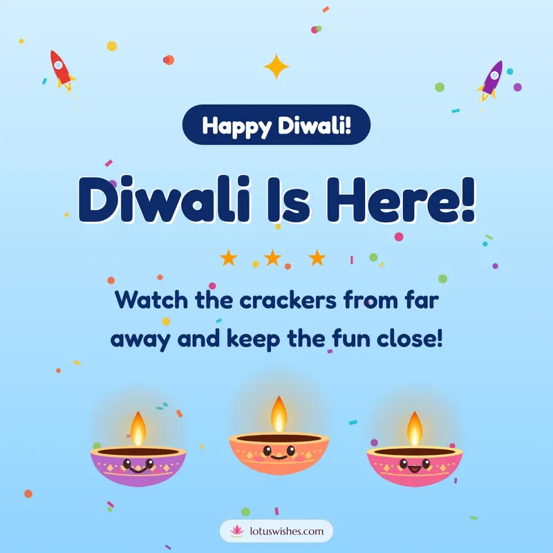 Diwali Is Here! – Cute & Kids Diwali wishes image in English (square)