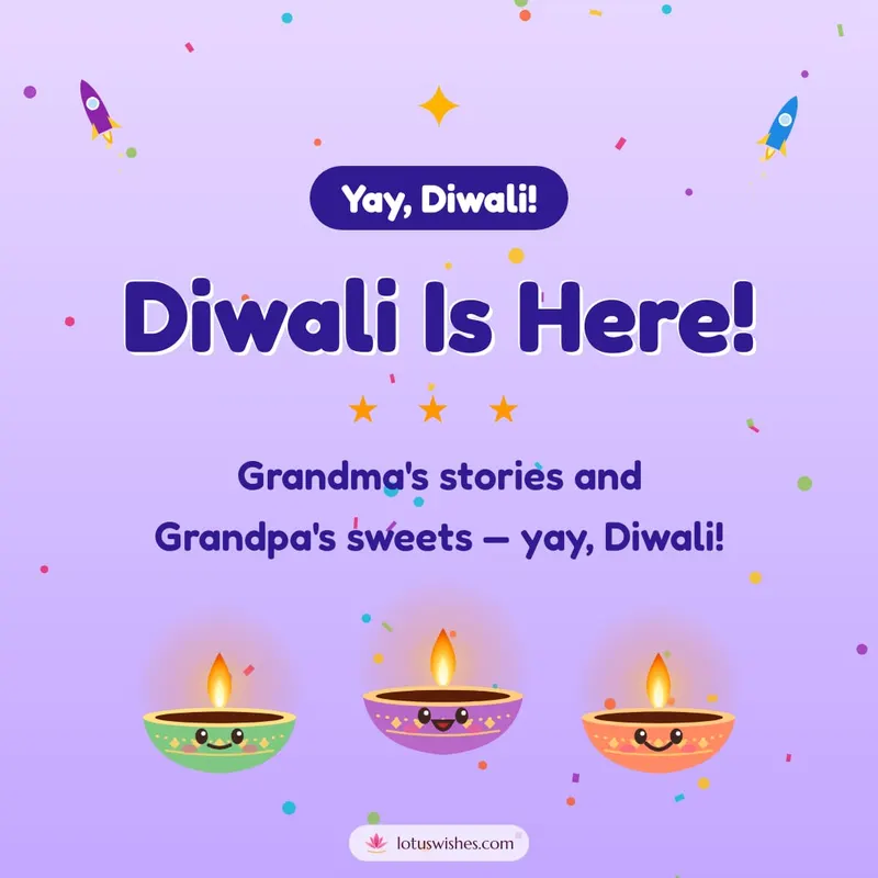 Diwali Is Here! – Cute & Kids Diwali wishes image in English (square)