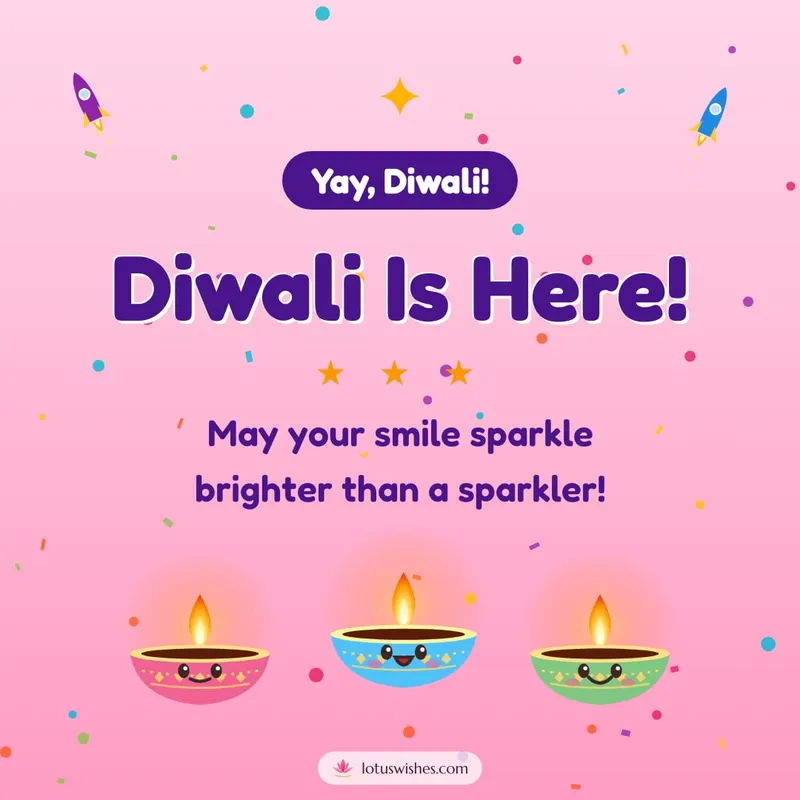 Diwali Is Here! – Cute & Kids Diwali wishes image in English (square)