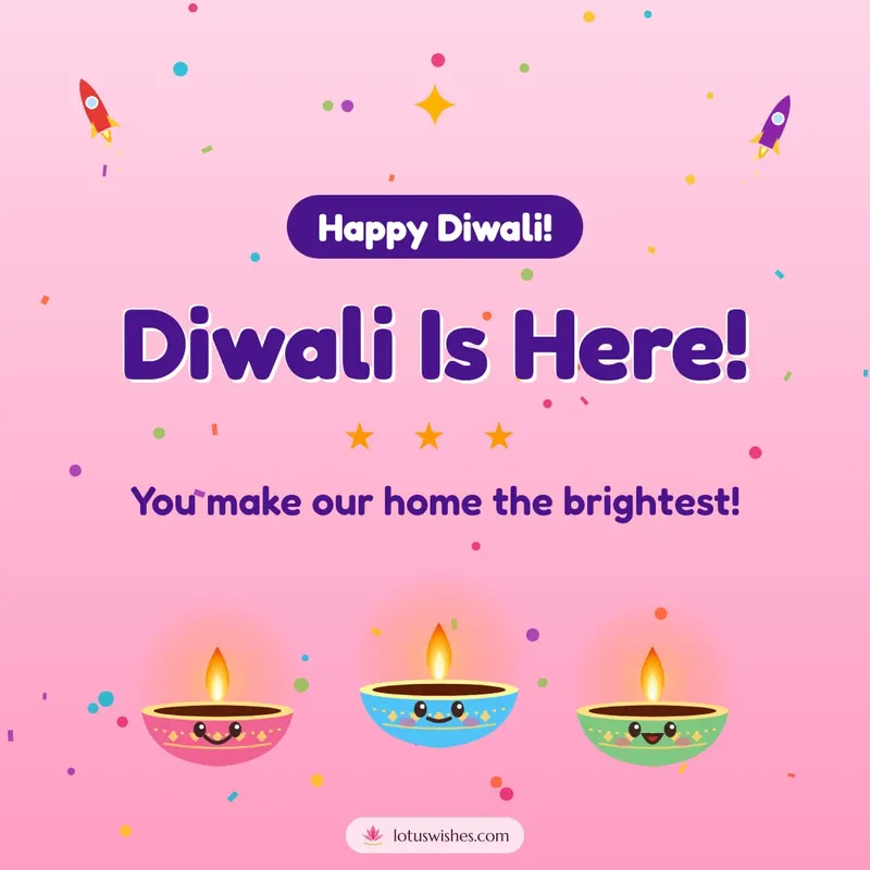 Diwali Is Here! – Cute & Kids Diwali wishes image in English (square)