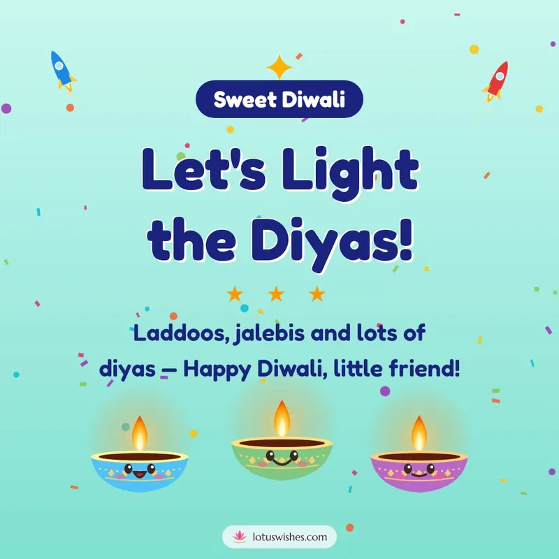 Let's Light the Diyas! – Cute & Kids Diwali wishes image in English (square)
