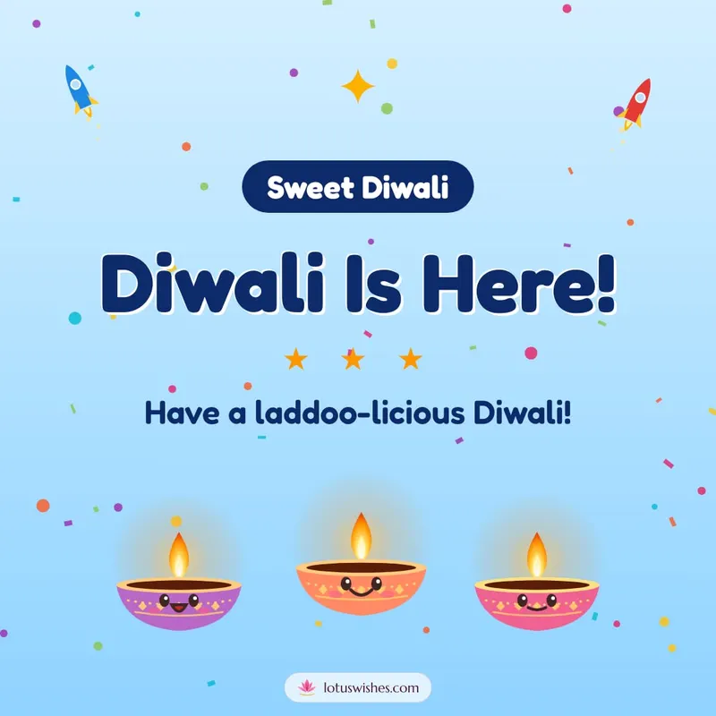 Diwali Is Here! – Cute & Kids Diwali wishes image in English (square)