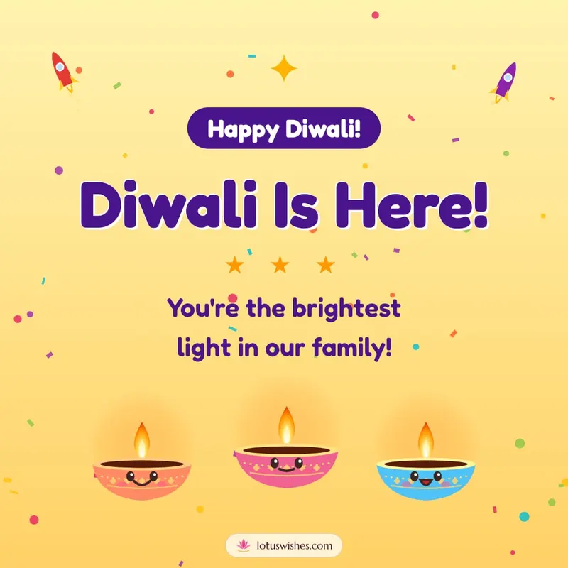Diwali Is Here! – Cute & Kids Diwali wishes image in English (square)