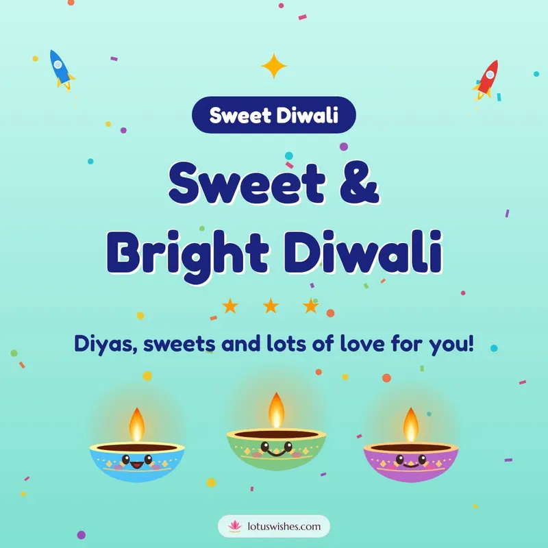 Sweet & Bright Diwali – Cute & Kids Diwali wishes image in English (square)