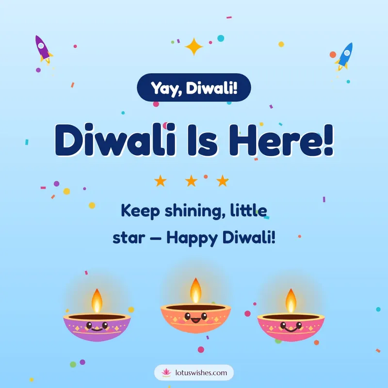 Diwali Is Here! – Cute & Kids Diwali wishes image in English (square)
