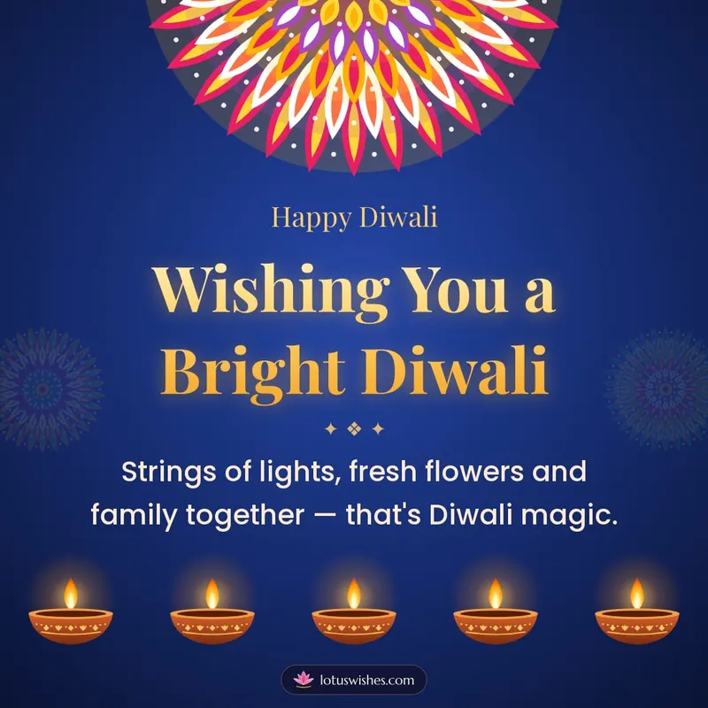 Wishing You a Bright Diwali – Diya & Rangoli Diwali wishes image in English (square)