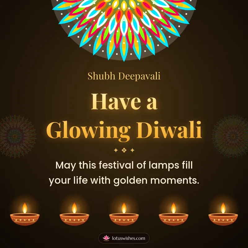 Have a Glowing Diwali – Diya & Rangoli Diwali wishes image in English (square)