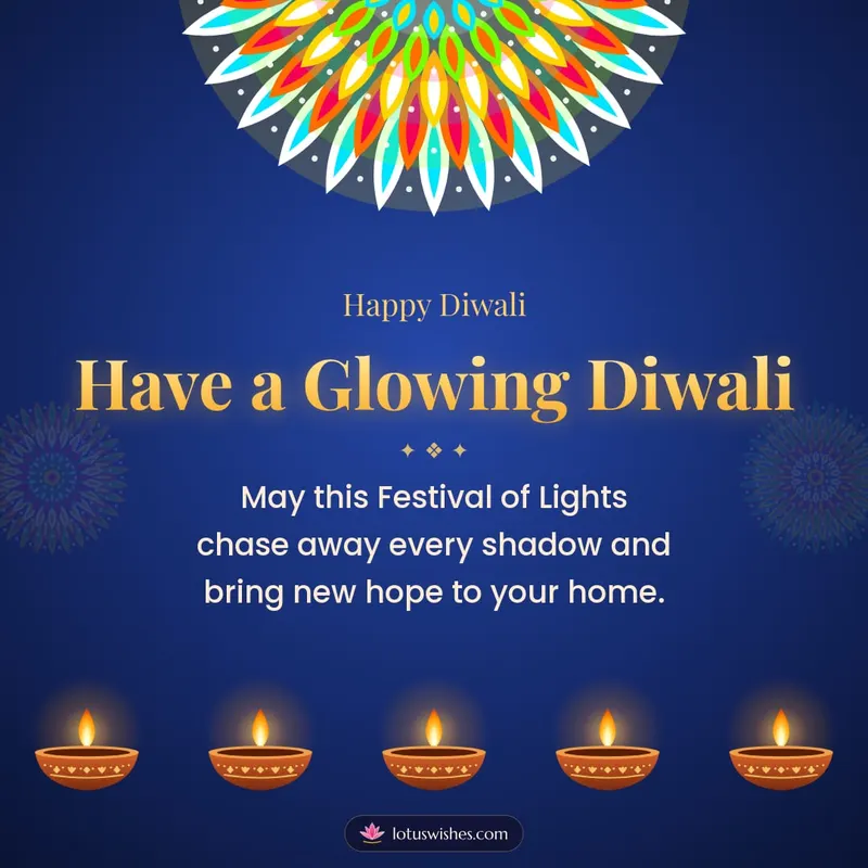 Have a Glowing Diwali – Diya & Rangoli Diwali wishes image in English (square)