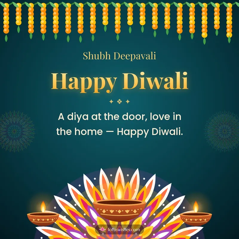 Happy Diwali – Diya & Rangoli Diwali wishes image in English (square)