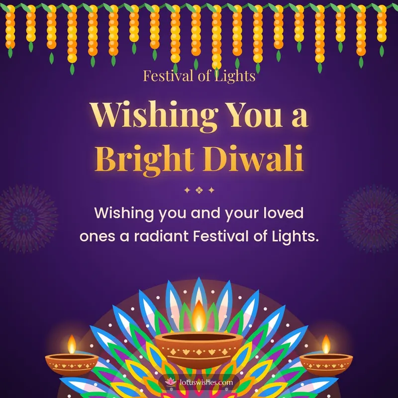 Wishing You a Bright Diwali – Diya & Rangoli Diwali wishes image in English (square)