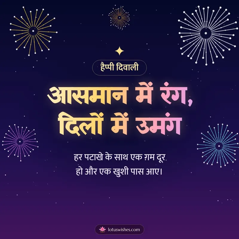 आसमान में रंग, दिलों में उमंग – Fireworks Diwali wishes image in Hindi (square)