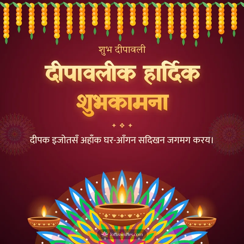 दीपावलीक हार्दिक शुभकामना – Deep & Aripan Diwali wishes image in Maithili (square)