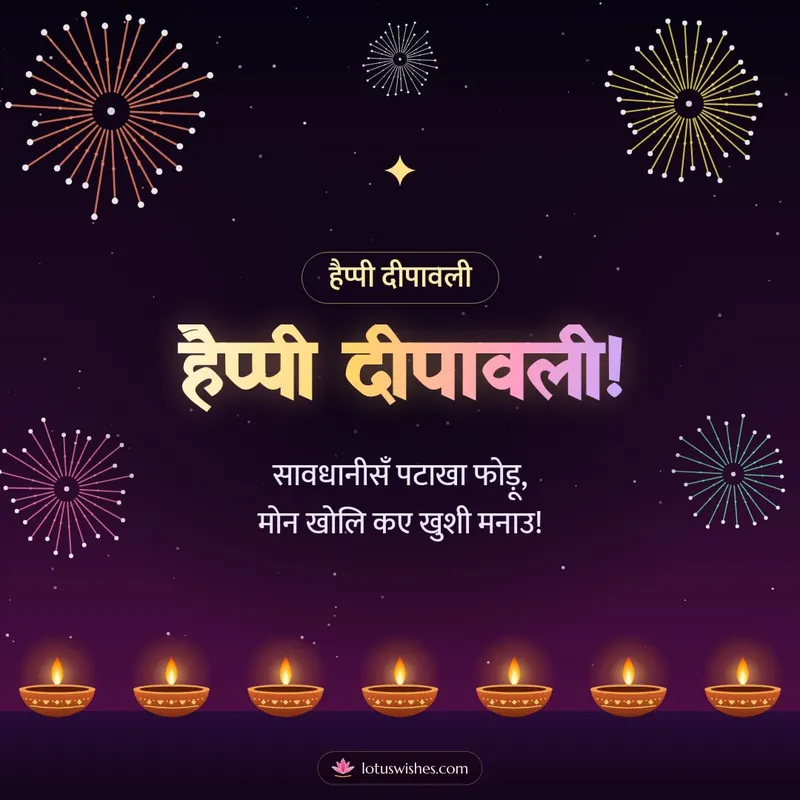 हैप्पी दीपावली! – Fireworks Diwali wishes image in Maithili (square)