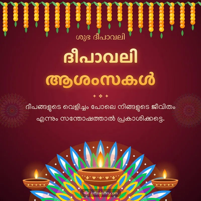 ദീപാവലി ആശംസകൾ – Diya & Rangoli Diwali wishes image in Malayalam (square)