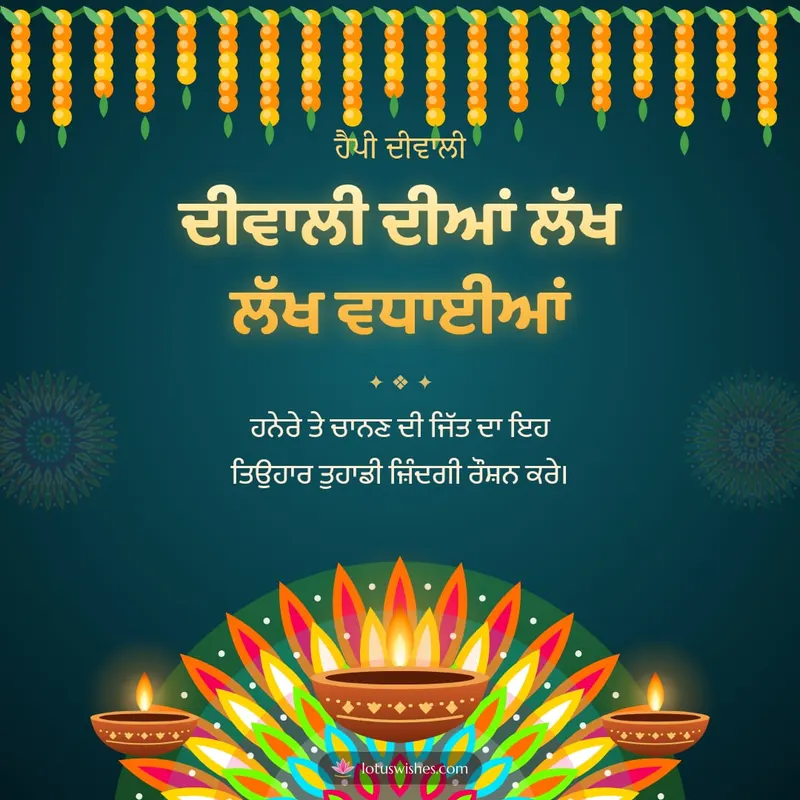 ਦੀਵਾਲੀ ਦੀਆਂ ਲੱਖ ਲੱਖ ਵਧਾਈਆਂ – Diya & Rangoli Diwali wishes image in Punjabi (square)