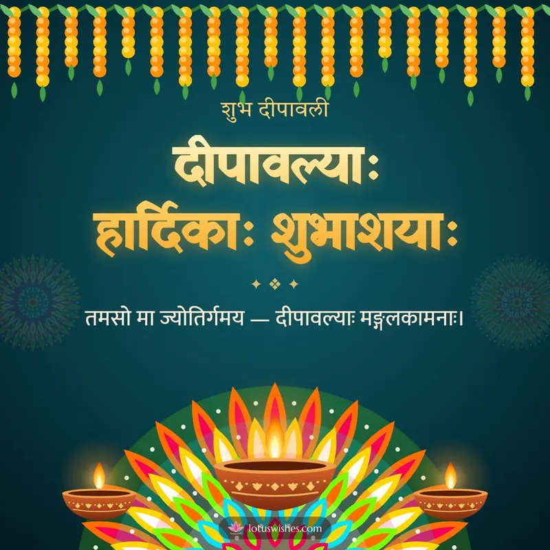 दीपावल्याः हार्दिकाः शुभाशयाः – Diya & Rangoli Diwali wishes image in Sanskrit (square)