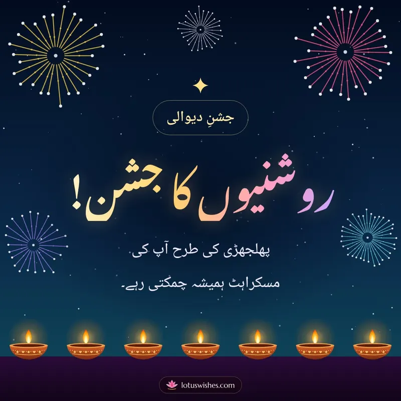 روشنیوں کا جشن! – Fireworks Diwali wishes image in Urdu (square)